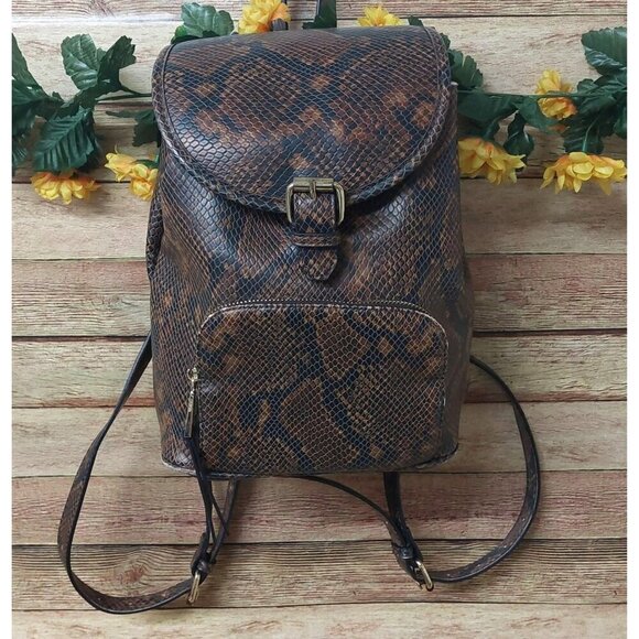 ALDO Brown & Gold Snakeskin Print Faux Leather Backpack Adjustable Straps - Picture 1 of 14